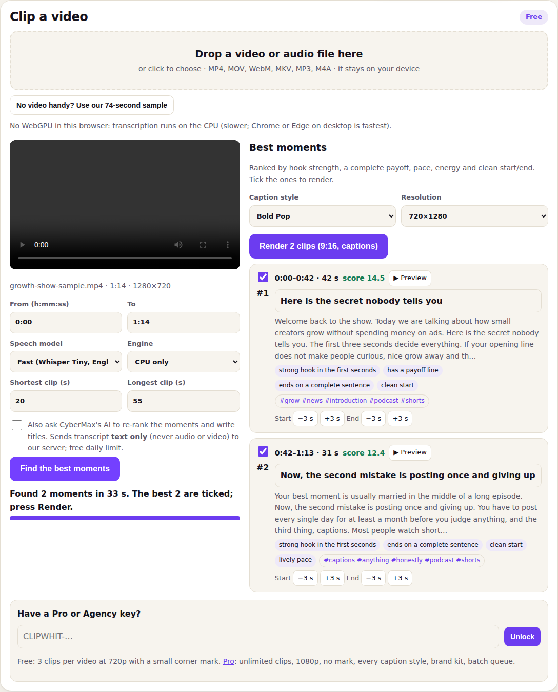 Clipwhit listing ranked moments with scores and reasons